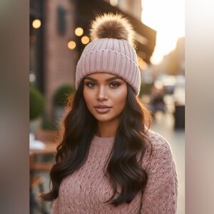 Tahari Blush Pink Knit Winter Beanie with Faux Fur Pom Sherpa Lined Casual